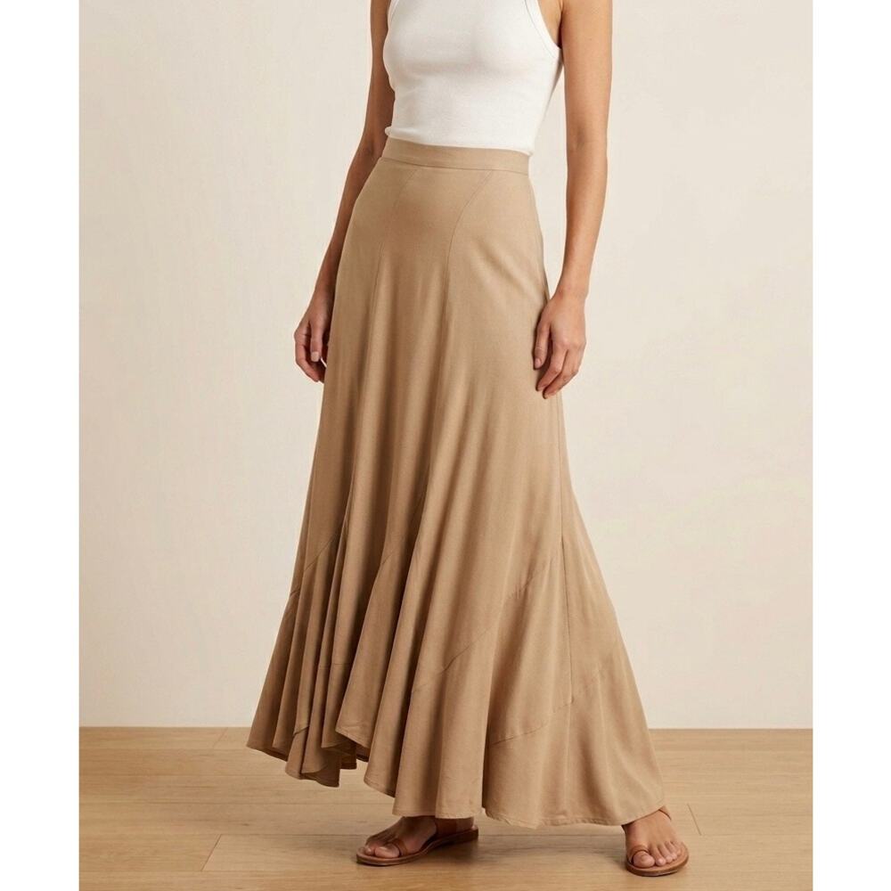 Karen Zambos Vintage Couture Tan Boho Maxi Skirt Flowy Rayon Size Medium